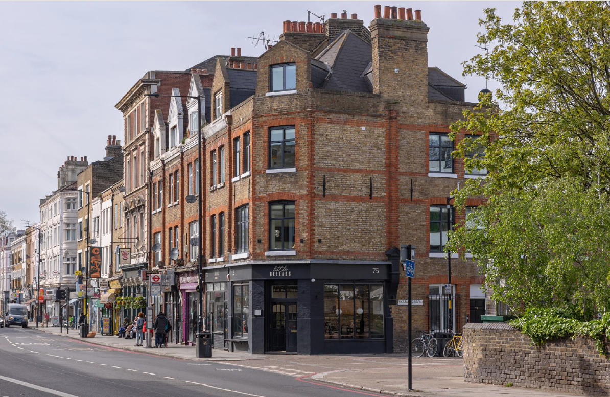 73 and 75 Camberwell Church Street from the corner, with Little Cellars on the ground floor