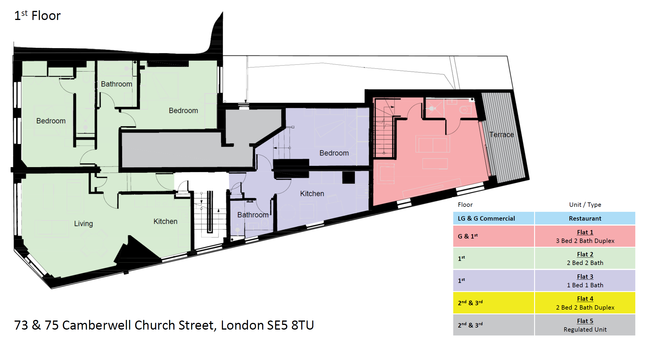 First floor plan of 73 and 75 Camberwell Church Street with unit schedule
